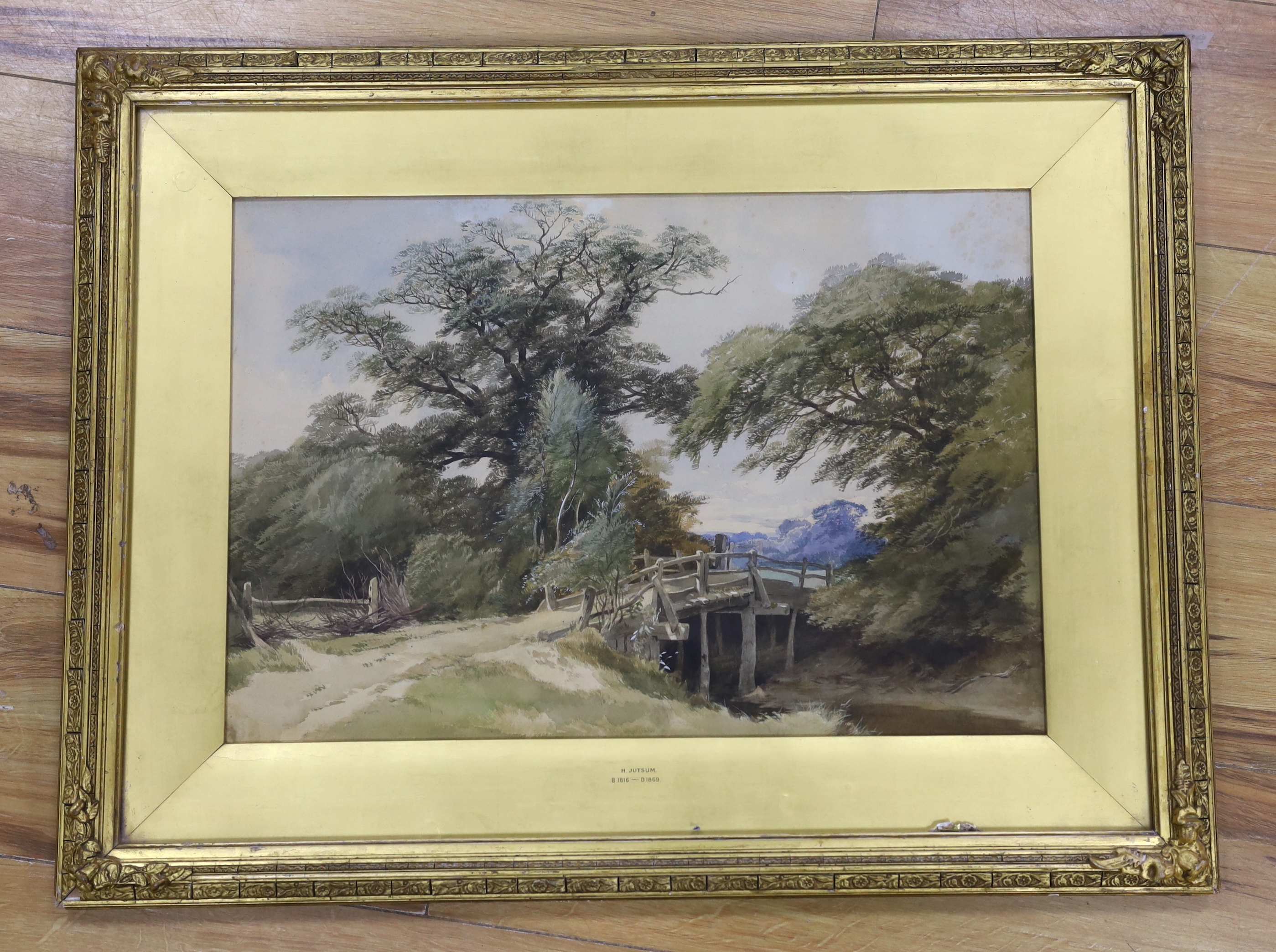 Henry Jutsum (1816-1869), watercolour, Bridge over stream, signed, inscribed in ink verso, 33 x 48cm